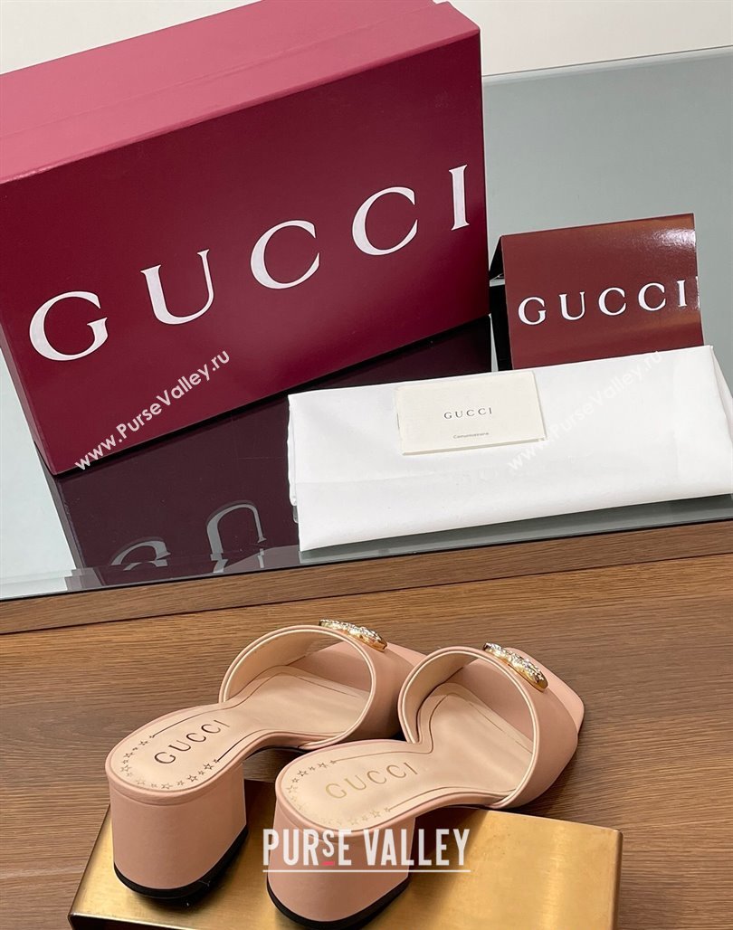 Gucci Leather Heel Slides Sandal 5.5cm with Strass Double G Light Pink 2025 817257 (MD-250423029)