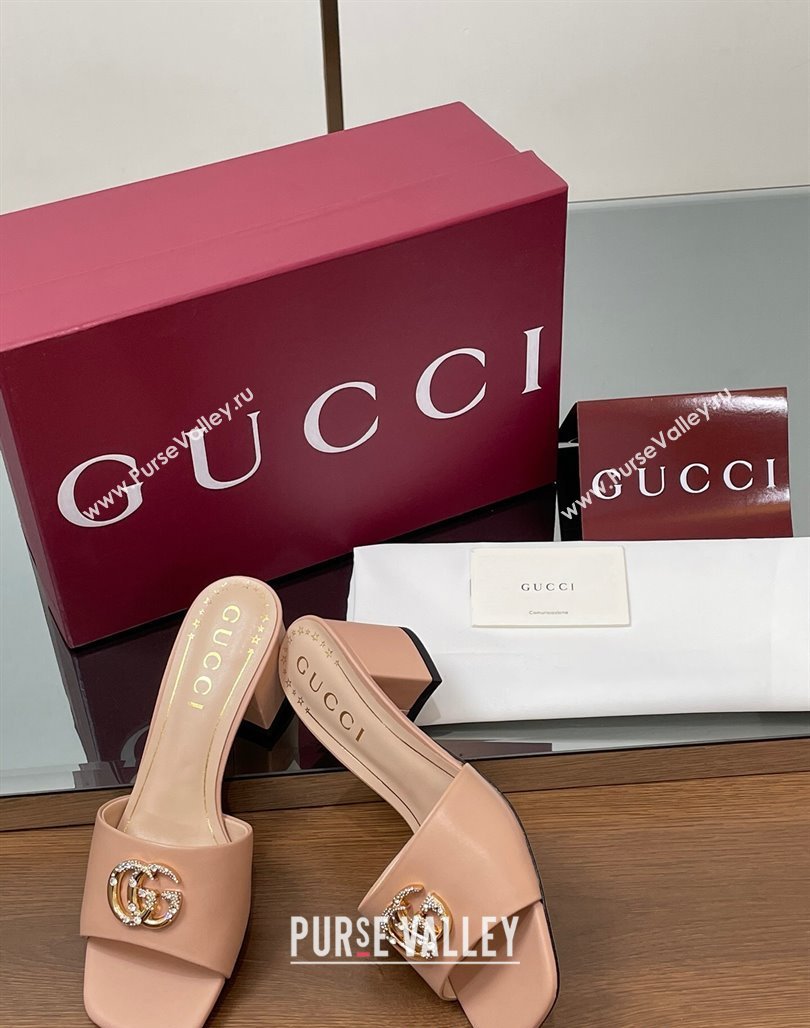 Gucci Leather Heel Slides Sandal 5.5cm with Strass Double G Light Pink 2025 817257 (MD-250423029)