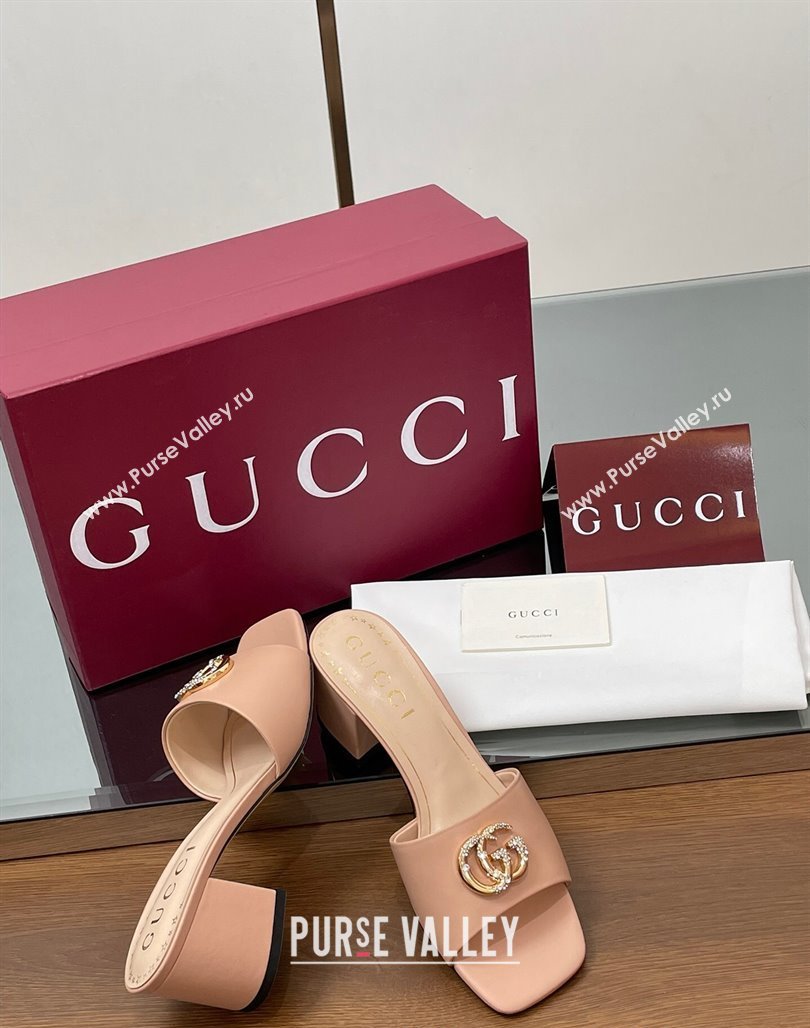 Gucci Leather Heel Slides Sandal 5.5cm with Strass Double G Light Pink 2025 817257 (MD-250423029)