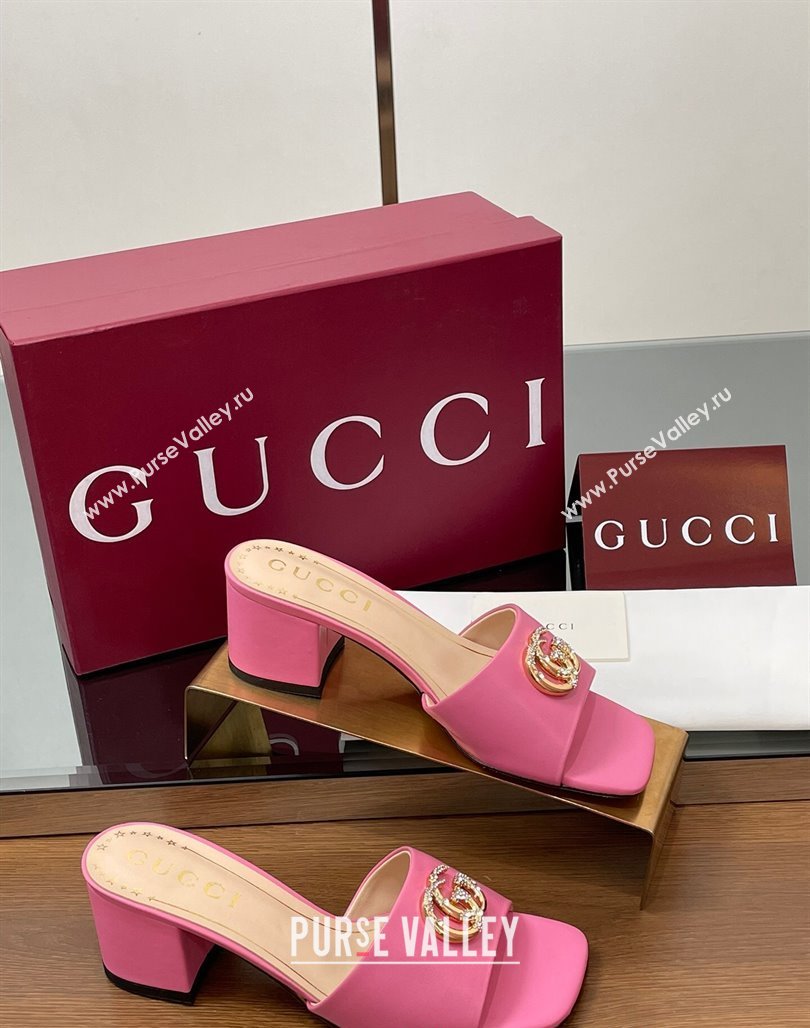 Gucci Leather Heel Slides Sandal 5.5cm with Strass Double G Dark Pink 2025 817257 (MD-250423030)