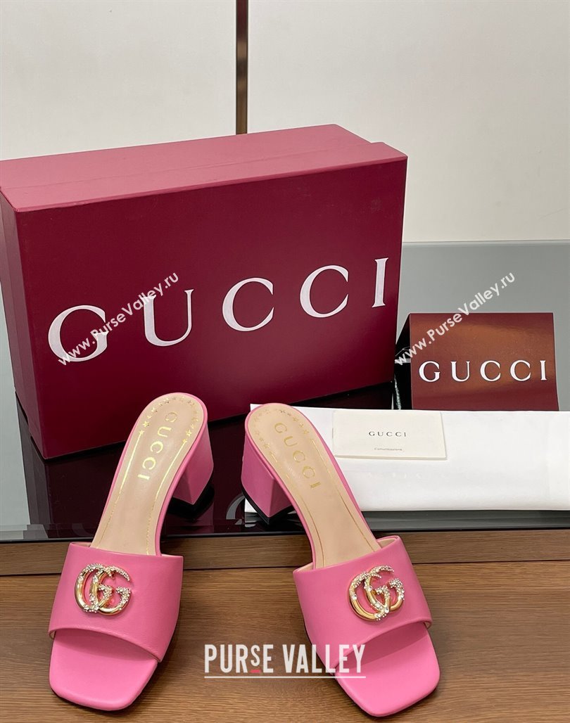 Gucci Leather Heel Slides Sandal 5.5cm with Strass Double G Dark Pink 2025 817257 (MD-250423030)