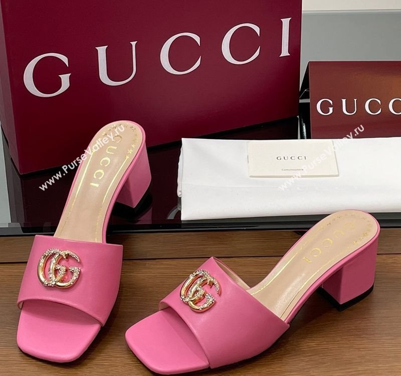 Gucci Leather Heel Slides Sandal 5.5cm with Strass Double G Dark Pink 2025 817257 (MD-250423030)