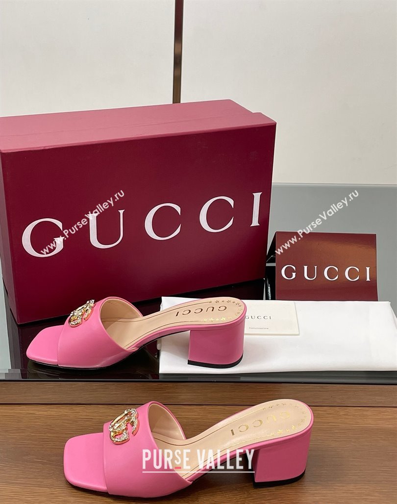 Gucci Leather Heel Slides Sandal 5.5cm with Strass Double G Dark Pink 2025 817257 (MD-250423030)