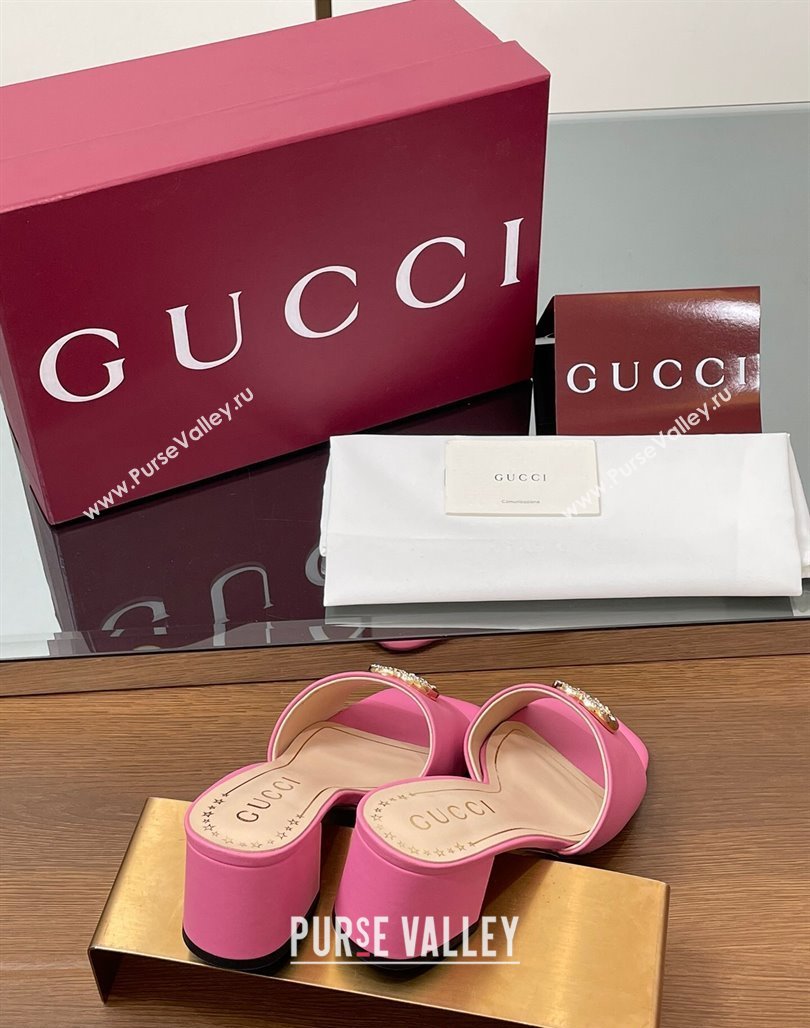 Gucci Leather Heel Slides Sandal 5.5cm with Strass Double G Dark Pink 2025 817257 (MD-250423030)