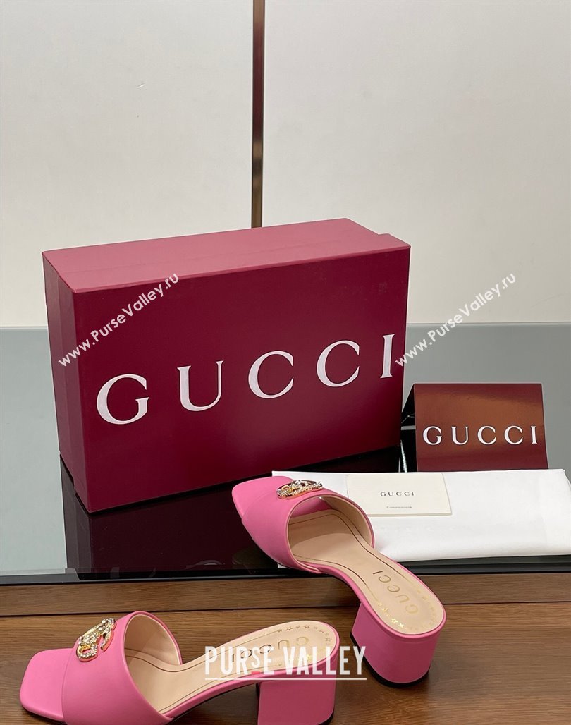 Gucci Leather Heel Slides Sandal 5.5cm with Strass Double G Dark Pink 2025 817257 (MD-250423030)