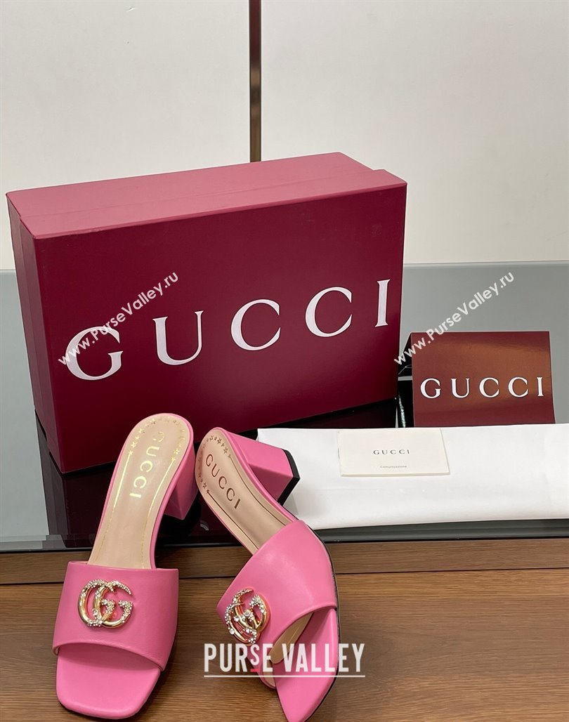 Gucci Leather Heel Slides Sandal 5.5cm with Strass Double G Dark Pink 2025 817257 (MD-250423030)