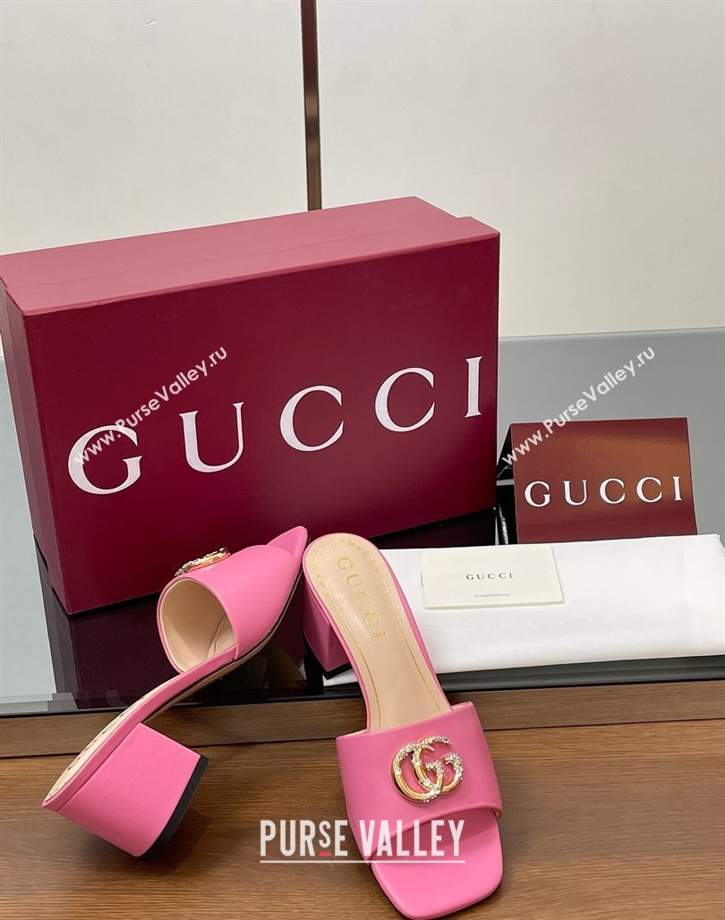 Gucci Leather Heel Slides Sandal 5.5cm with Strass Double G Dark Pink 2025 817257 (MD-250423030)