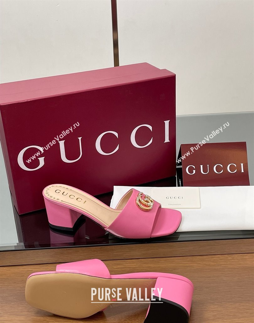 Gucci Leather Heel Slides Sandal 5.5cm with Strass Double G Dark Pink 2025 817257 (MD-250423030)