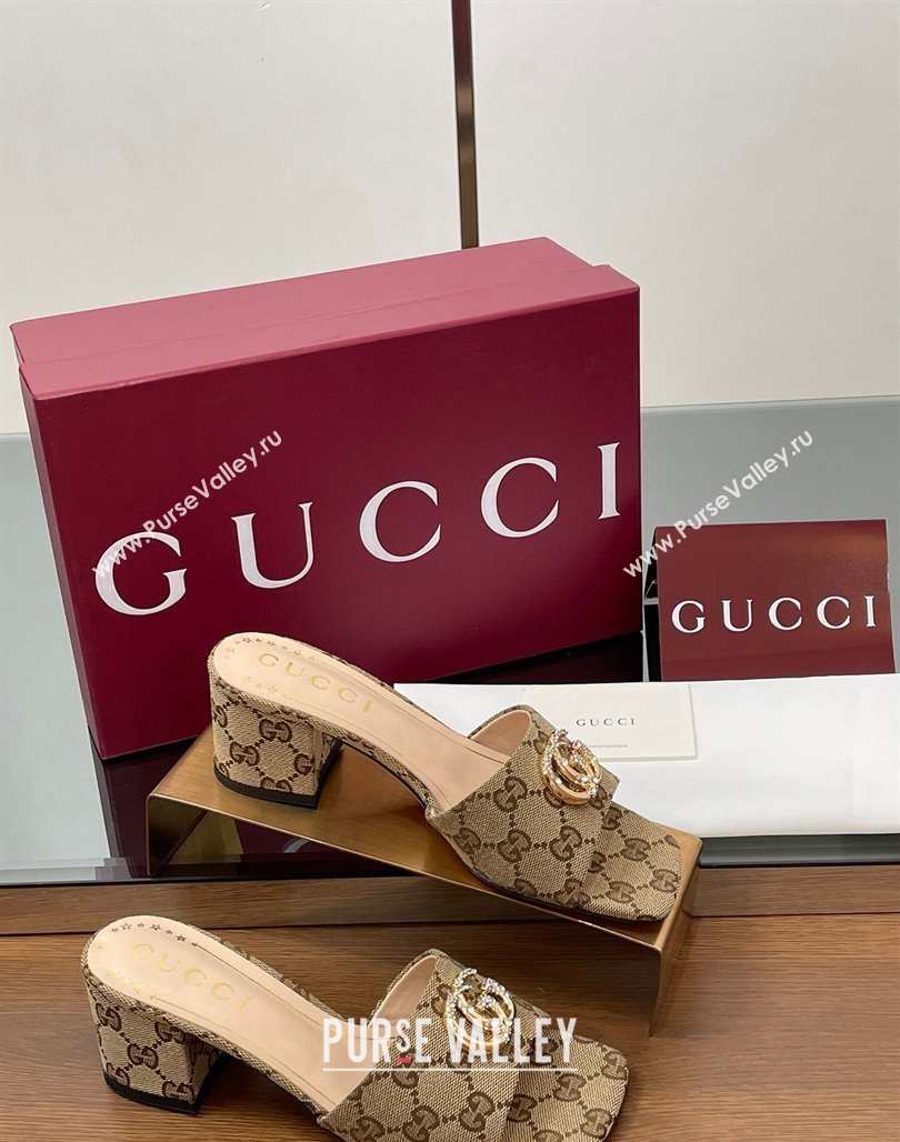Gucci GG Canvas Heel Slides Sandal 5.5cm with Strass Double G Beige 2025 817257 (MD-250423032)