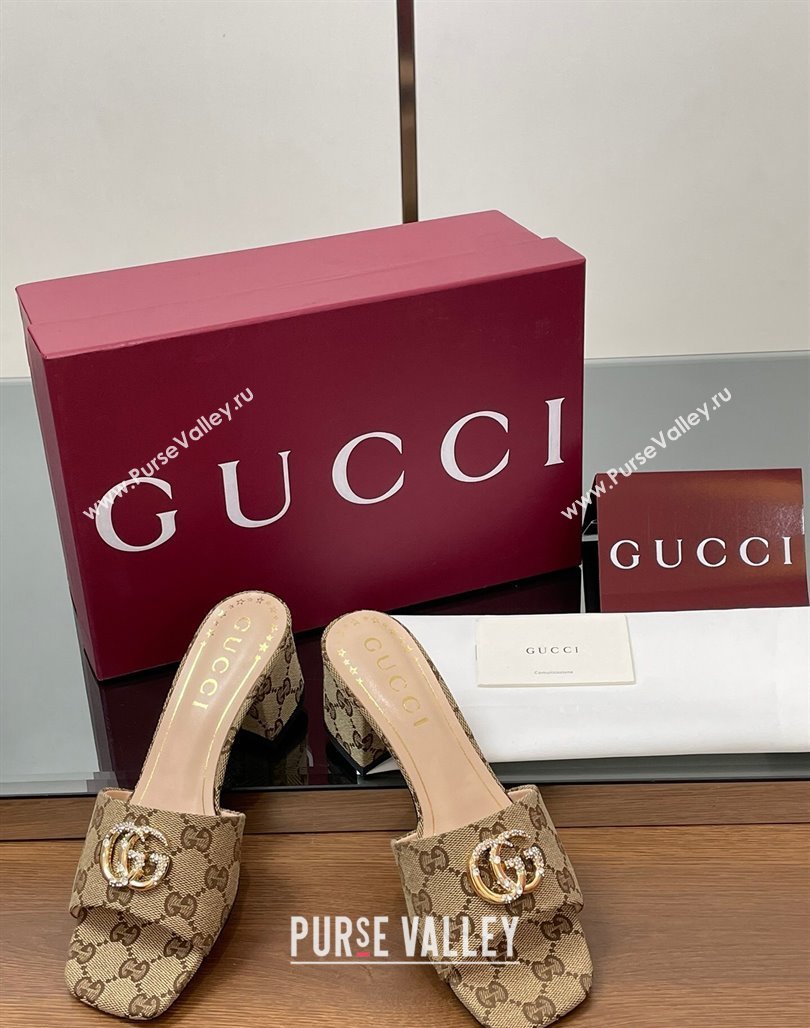 Gucci GG Canvas Heel Slides Sandal 5.5cm with Strass Double G Beige 2025 817257 (MD-250423032)