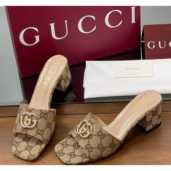 Gucci GG Canvas Heel Slides Sandal 5.5cm with Strass Double G Beige 2025 817257 (MD-250423032)
