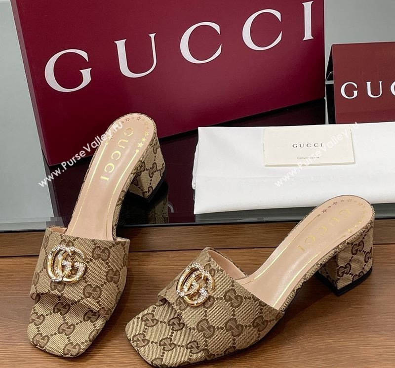 Gucci GG Canvas Heel Slides Sandal 5.5cm with Strass Double G Beige 2025 817257 (MD-250423032)