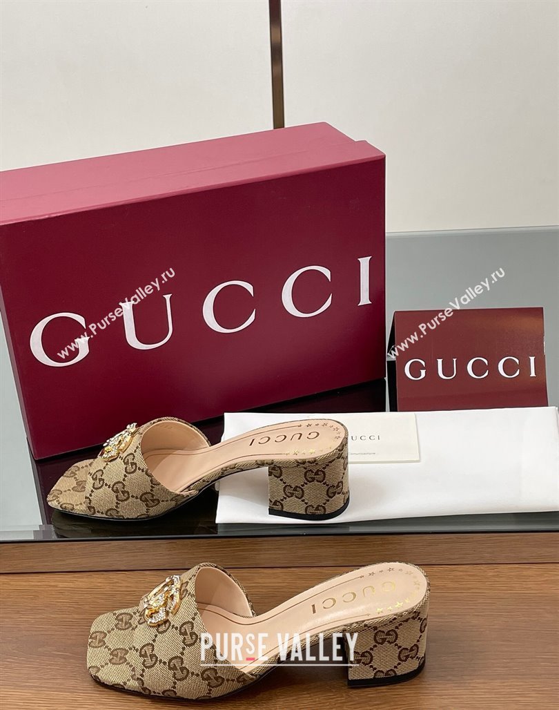 Gucci GG Canvas Heel Slides Sandal 5.5cm with Strass Double G Beige 2025 817257 (MD-250423032)