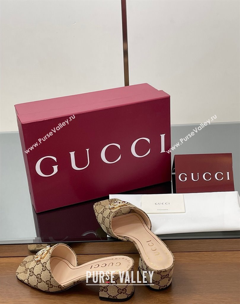 Gucci GG Canvas Heel Slides Sandal 5.5cm with Strass Double G Beige 2025 817257 (MD-250423032)