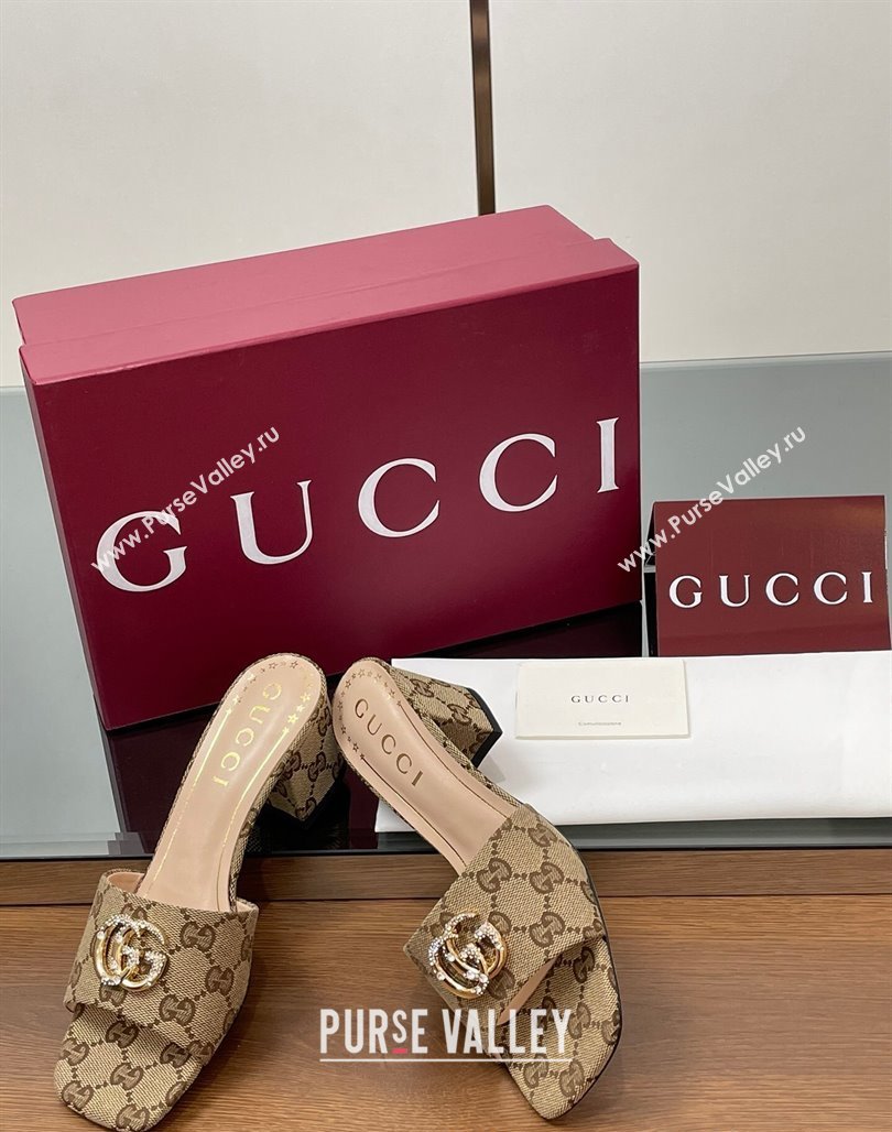 Gucci GG Canvas Heel Slides Sandal 5.5cm with Strass Double G Beige 2025 817257 (MD-250423032)