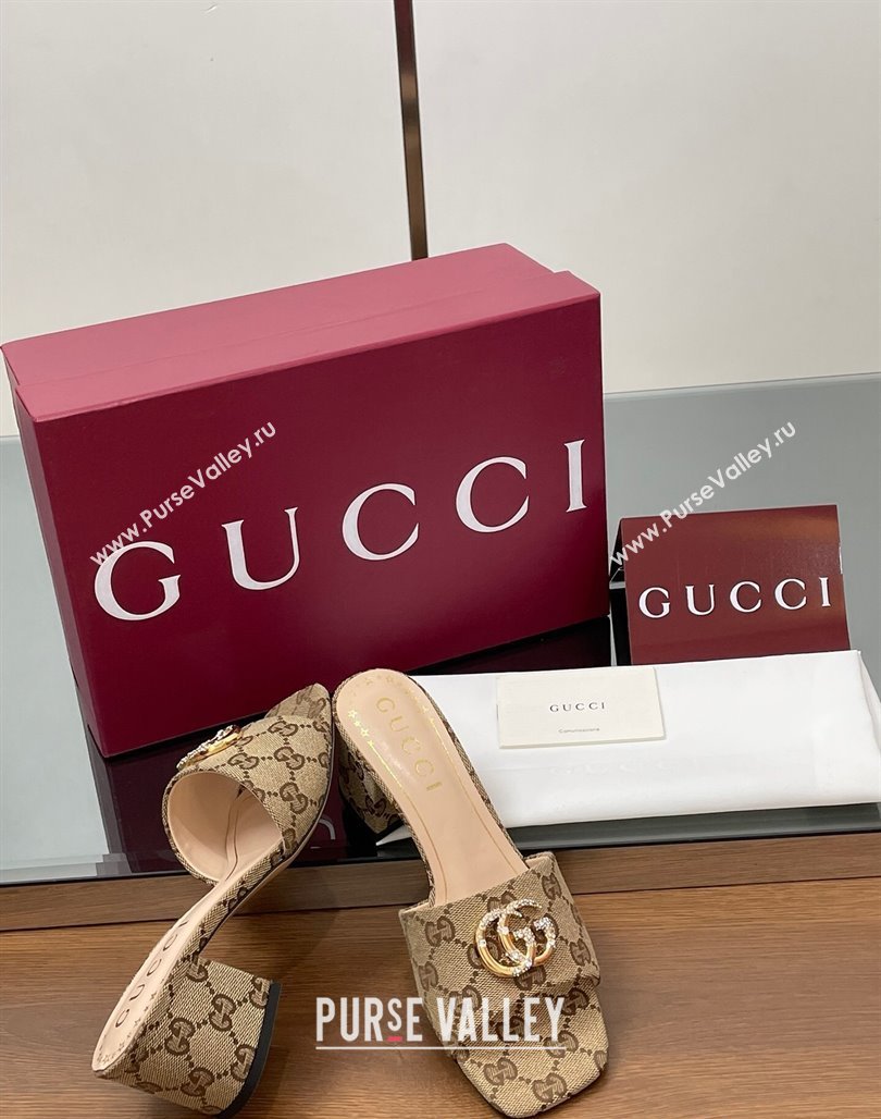 Gucci GG Canvas Heel Slides Sandal 5.5cm with Strass Double G Beige 2025 817257 (MD-250423032)