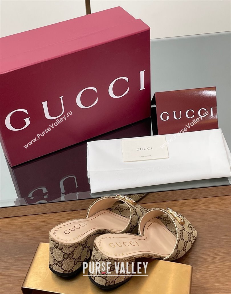 Gucci GG Canvas Heel Slides Sandal 5.5cm with Strass Double G Beige 2025 817257 (MD-250423032)
