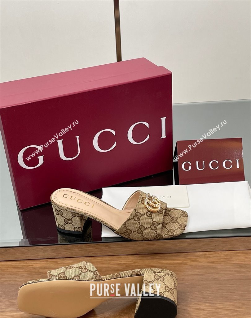 Gucci GG Canvas Heel Slides Sandal 5.5cm with Strass Double G Beige 2025 817257 (MD-250423032)