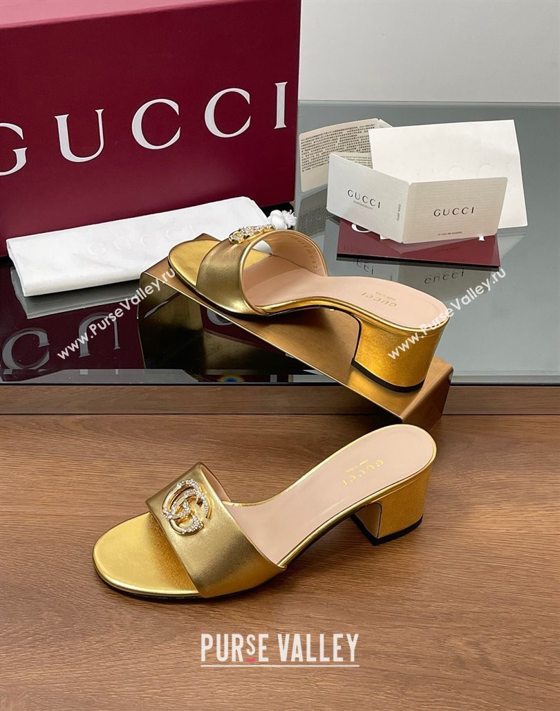 Gucci Leather Heel Slides Sandal 5cm with Strass Double G Yellow Gold 2025 GG042301 (MD-250423036)