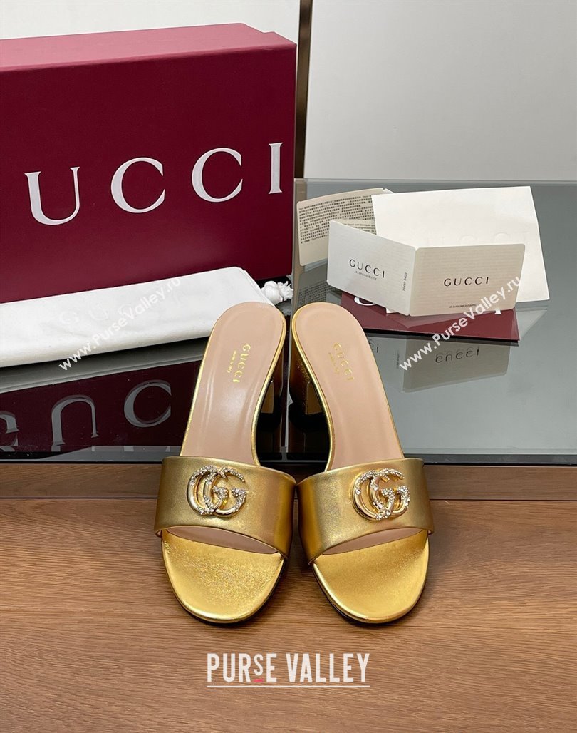 Gucci Leather Heel Slides Sandal 5cm with Strass Double G Yellow Gold 2025 GG042301 (MD-250423036)