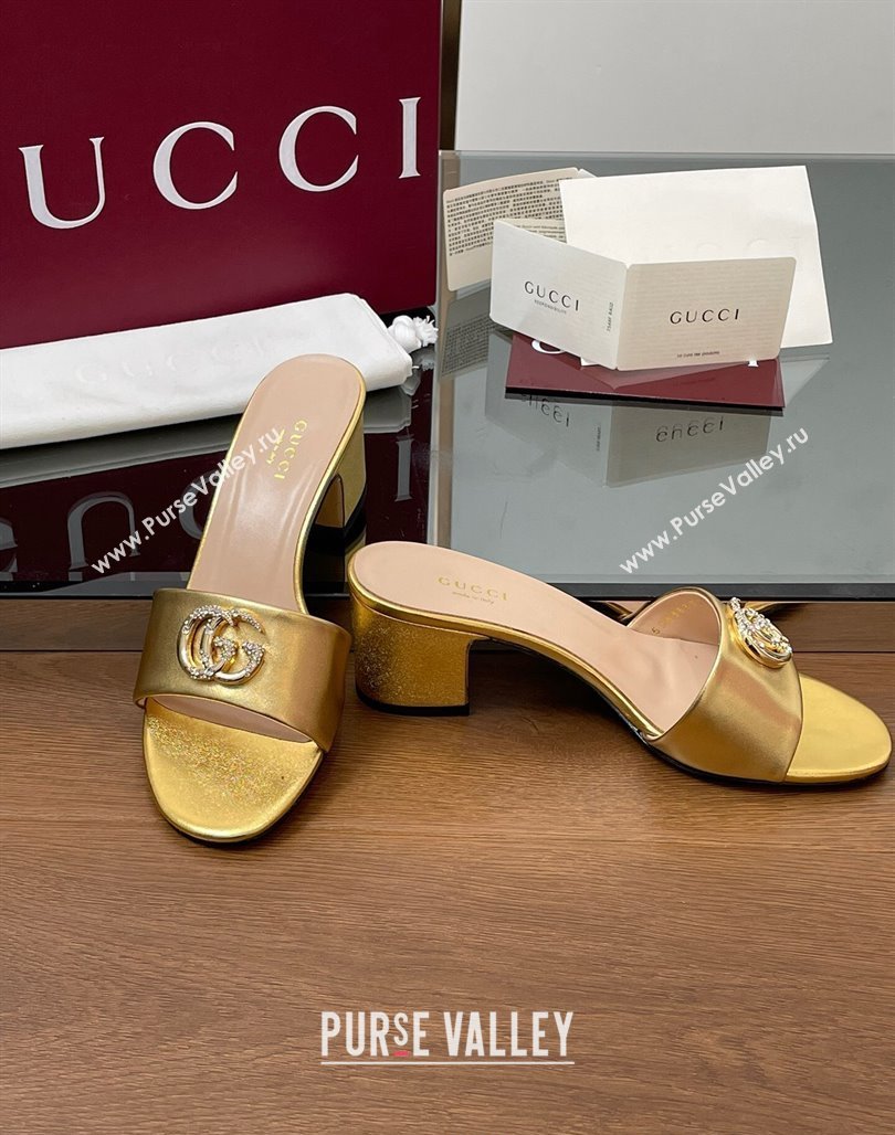 Gucci Leather Heel Slides Sandal 5cm with Strass Double G Yellow Gold 2025 GG042301 (MD-250423036)