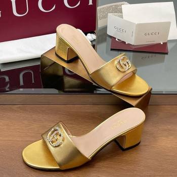 Gucci Leather Heel Slides Sandal 5cm with Strass Double G Yellow Gold 2025 GG042301 (MD-250423036)