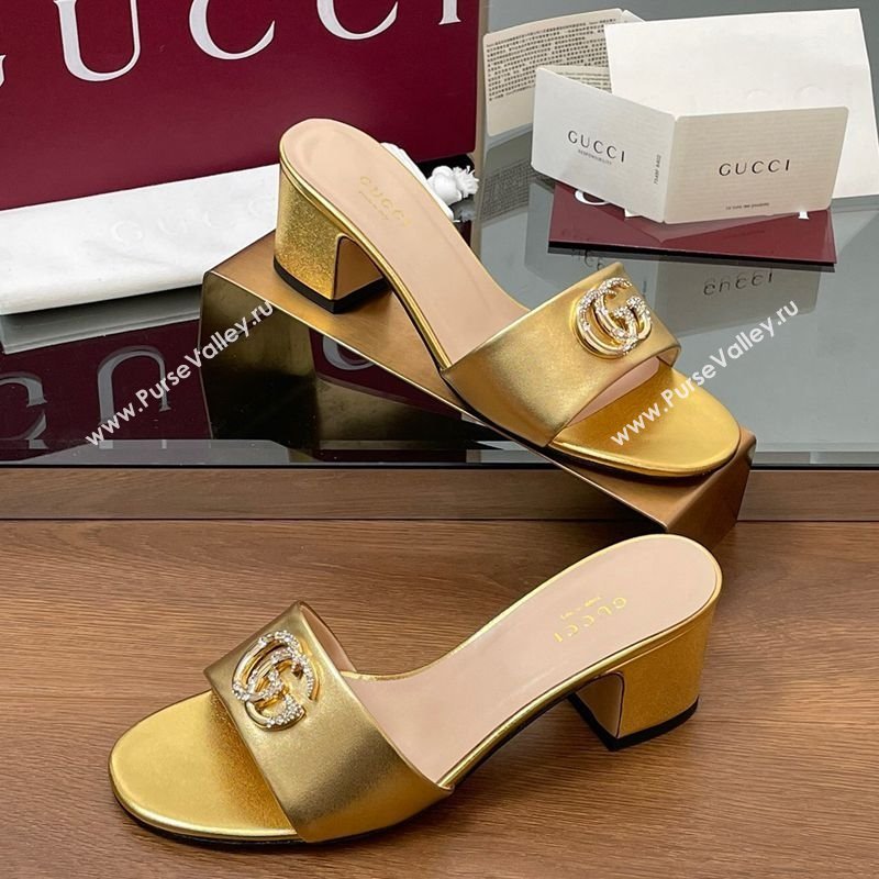 Gucci Leather Heel Slides Sandal 5cm with Strass Double G Yellow Gold 2025 GG042301 (MD-250423036)