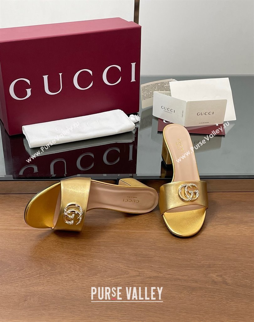 Gucci Leather Heel Slides Sandal 5cm with Strass Double G Yellow Gold 2025 GG042301 (MD-250423036)