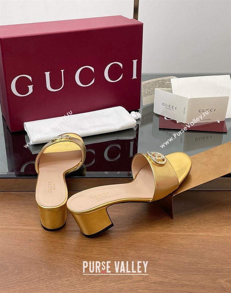 Gucci Leather Heel Slides Sandal 5cm with Strass Double G Yellow Gold 2025 GG042301 (MD-250423036)