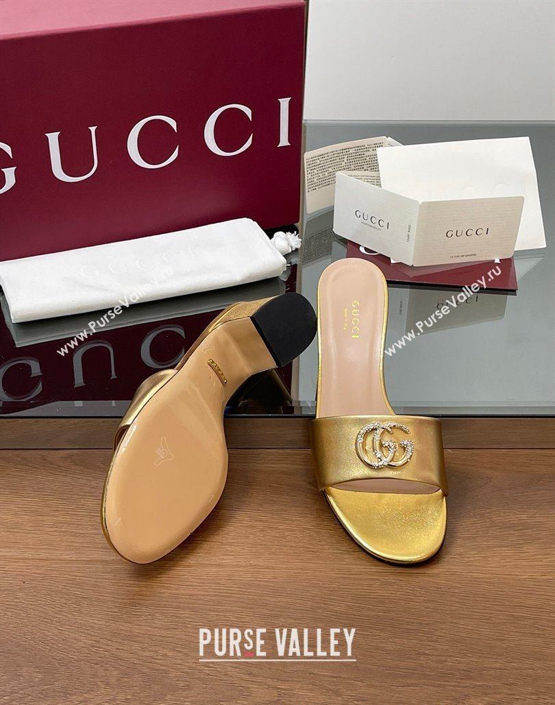 Gucci Leather Heel Slides Sandal 5cm with Strass Double G Yellow Gold 2025 GG042301 (MD-250423036)