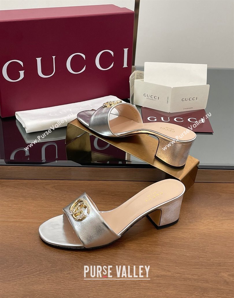 Gucci Leather Heel Slides Sandal 5cm with Strass Double G Silver 2025 GG042301 (MD-250423037)