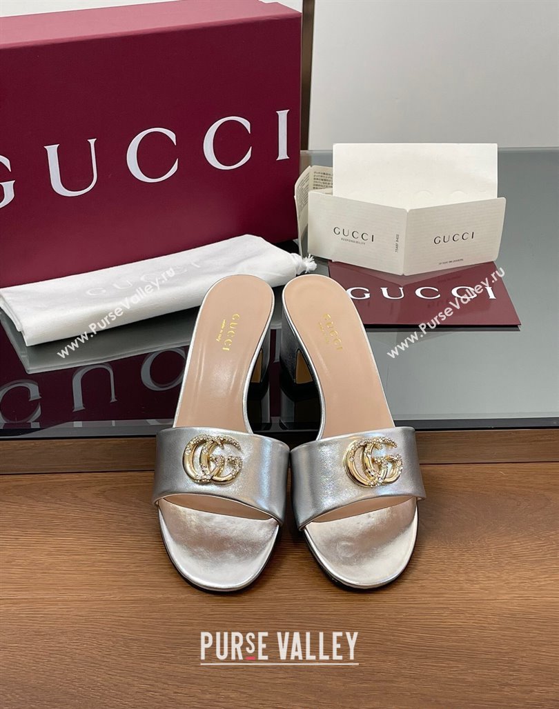 Gucci Leather Heel Slides Sandal 5cm with Strass Double G Silver 2025 GG042301 (MD-250423037)