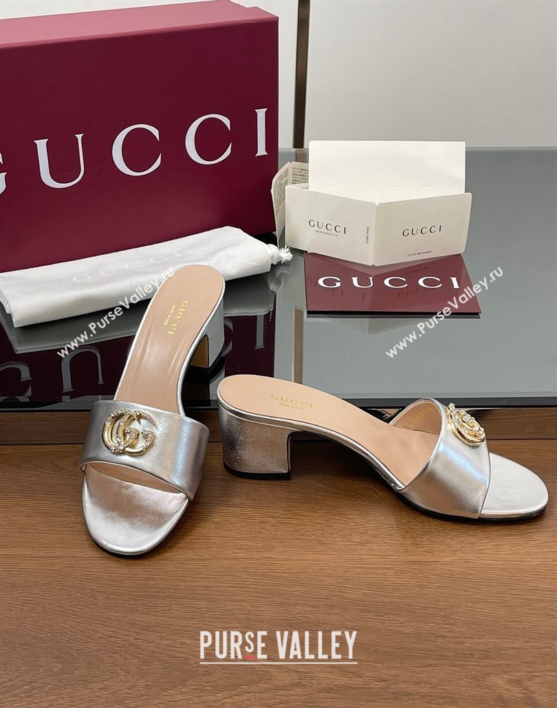 Gucci Leather Heel Slides Sandal 5cm with Strass Double G Silver 2025 GG042301 (MD-250423037)