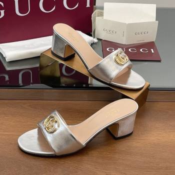 Gucci Leather Heel Slides Sandal 5cm with Strass Double G Silver 2025 GG042301 (MD-250423037)