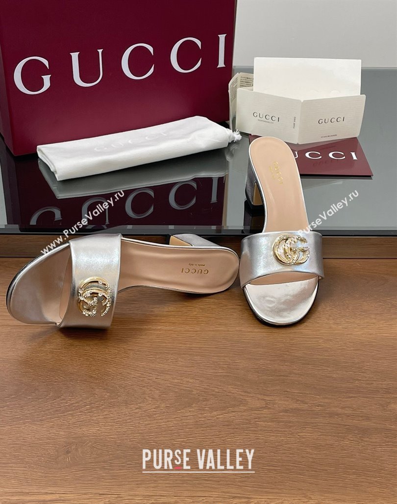 Gucci Leather Heel Slides Sandal 5cm with Strass Double G Silver 2025 GG042301 (MD-250423037)