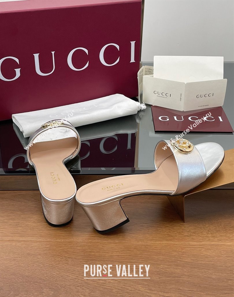 Gucci Leather Heel Slides Sandal 5cm with Strass Double G Silver 2025 GG042301 (MD-250423037)