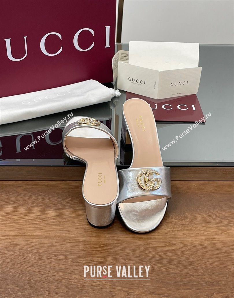 Gucci Leather Heel Slides Sandal 5cm with Strass Double G Silver 2025 GG042301 (MD-250423037)