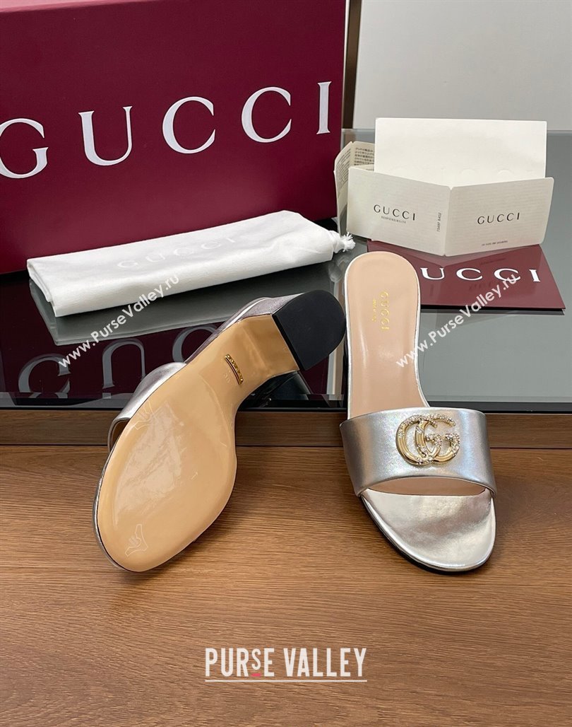 Gucci Leather Heel Slides Sandal 5cm with Strass Double G Silver 2025 GG042301 (MD-250423037)