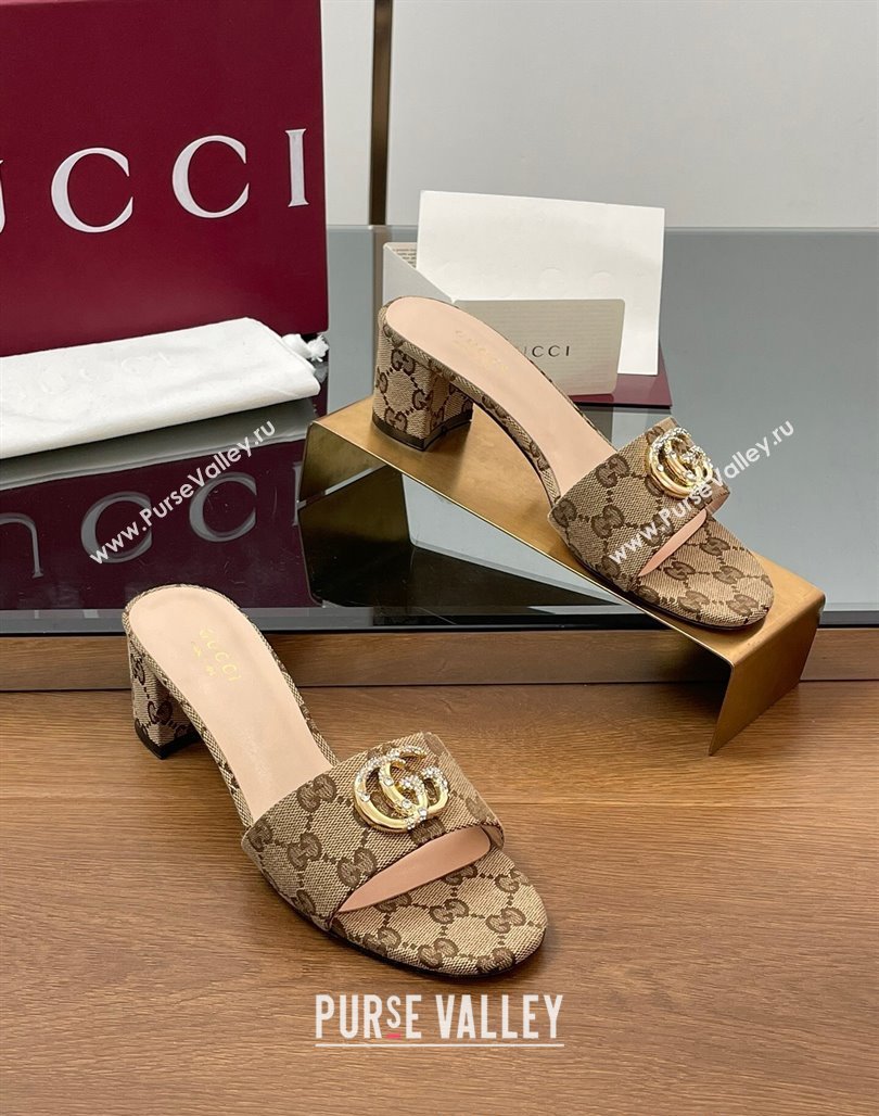 Gucci GG Canvas Heel Slides Sandal 5cm with Strass Double G Beige 2025 GG042301 (MD-250423038)