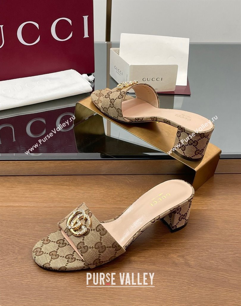 Gucci GG Canvas Heel Slides Sandal 5cm with Strass Double G Beige 2025 GG042301 (MD-250423038)