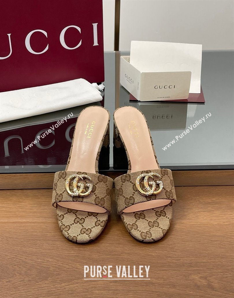 Gucci GG Canvas Heel Slides Sandal 5cm with Strass Double G Beige 2025 GG042301 (MD-250423038)