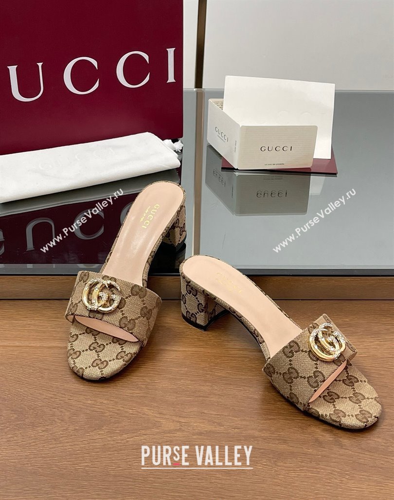 Gucci GG Canvas Heel Slides Sandal 5cm with Strass Double G Beige 2025 GG042301 (MD-250423038)