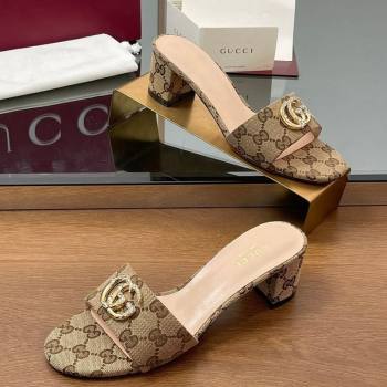 Gucci GG Canvas Heel Slides Sandal 5cm with Strass Double G Beige 2025 GG042301 (MD-250423038)