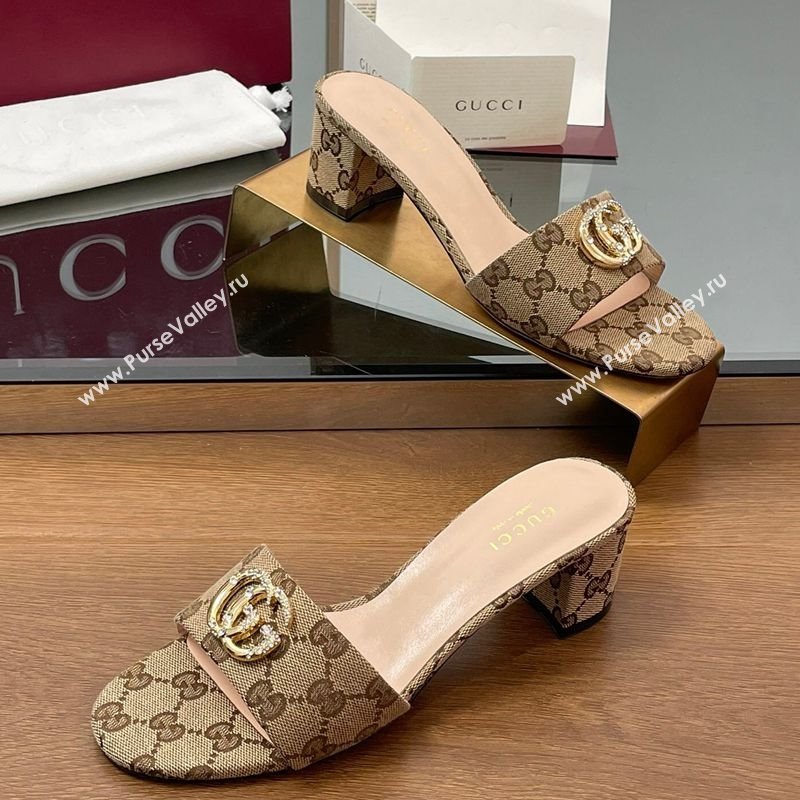 Gucci GG Canvas Heel Slides Sandal 5cm with Strass Double G Beige 2025 GG042301 (MD-250423038)