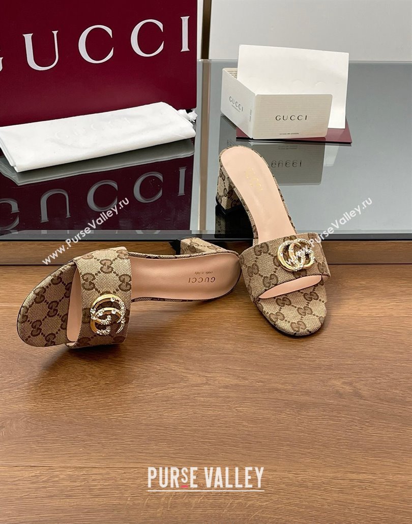 Gucci GG Canvas Heel Slides Sandal 5cm with Strass Double G Beige 2025 GG042301 (MD-250423038)
