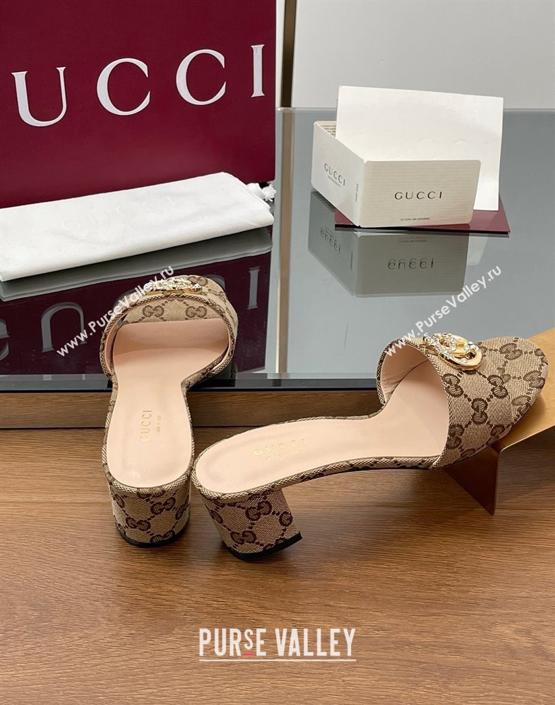 Gucci GG Canvas Heel Slides Sandal 5cm with Strass Double G Beige 2025 GG042301 (MD-250423038)