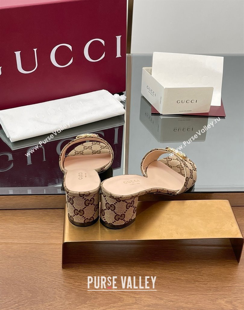 Gucci GG Canvas Heel Slides Sandal 5cm with Strass Double G Beige 2025 GG042301 (MD-250423038)