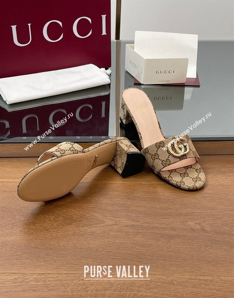 Gucci GG Canvas Heel Slides Sandal 5cm with Strass Double G Beige 2025 GG042301 (MD-250423038)