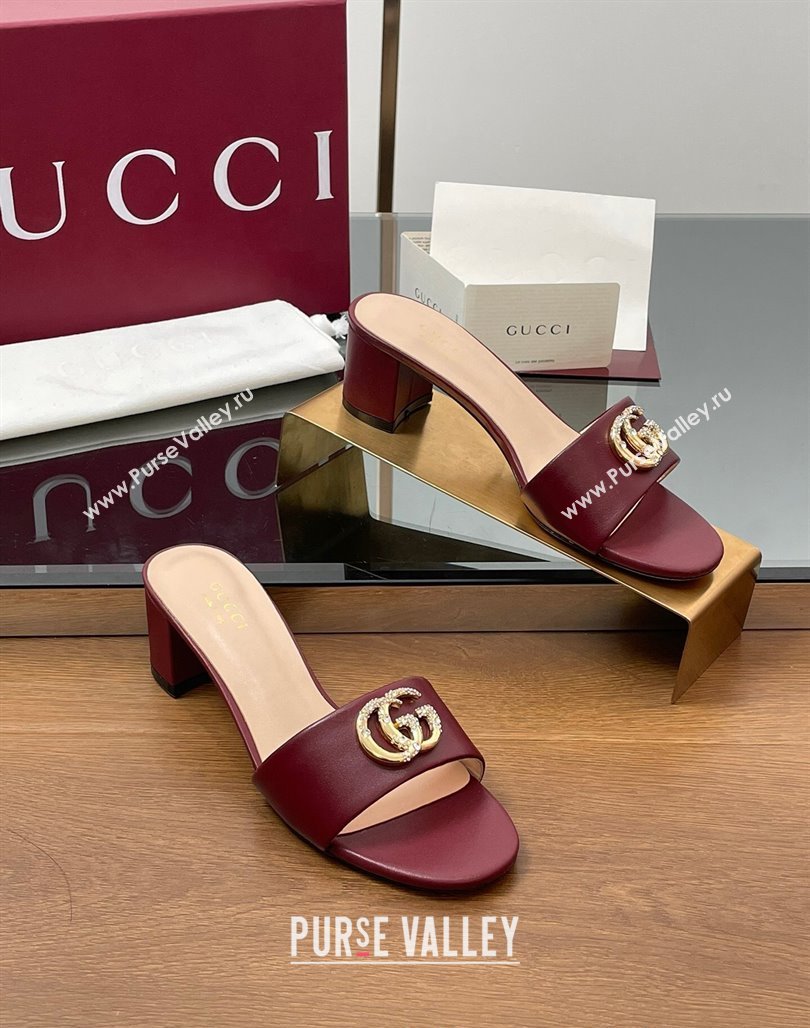 Gucci Leather Heel Slides Sandal 5cm with Strass Double G Dark Burgundy 2025 GG042301 (MD-250423040)
