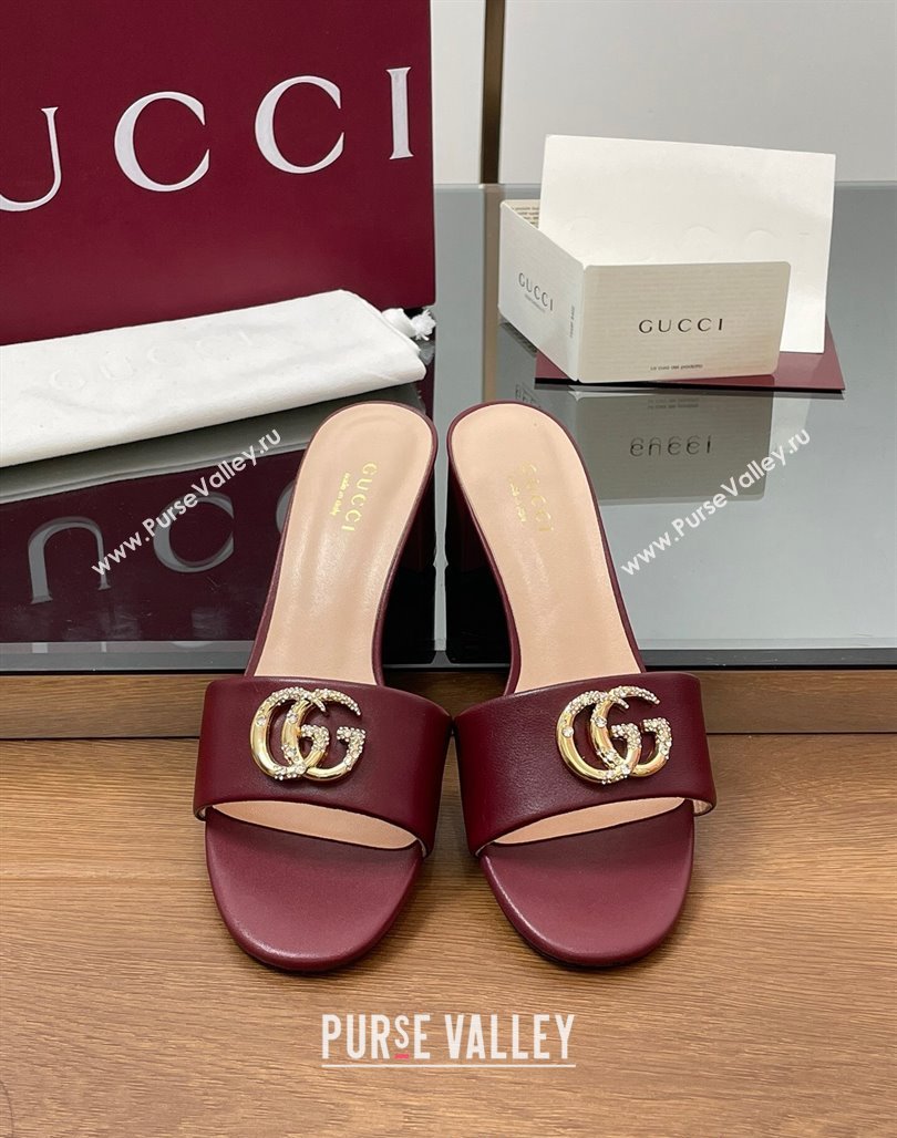 Gucci Leather Heel Slides Sandal 5cm with Strass Double G Dark Burgundy 2025 GG042301 (MD-250423040)